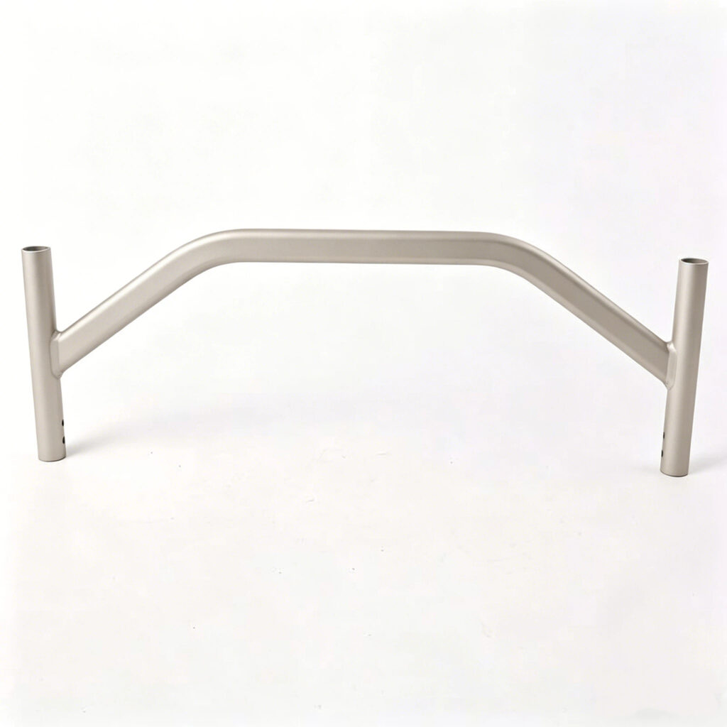 Custom TIG welded aluminum grab bar with sandblasted powder coating used for medical shower chair and rehabilitation mobility equipment