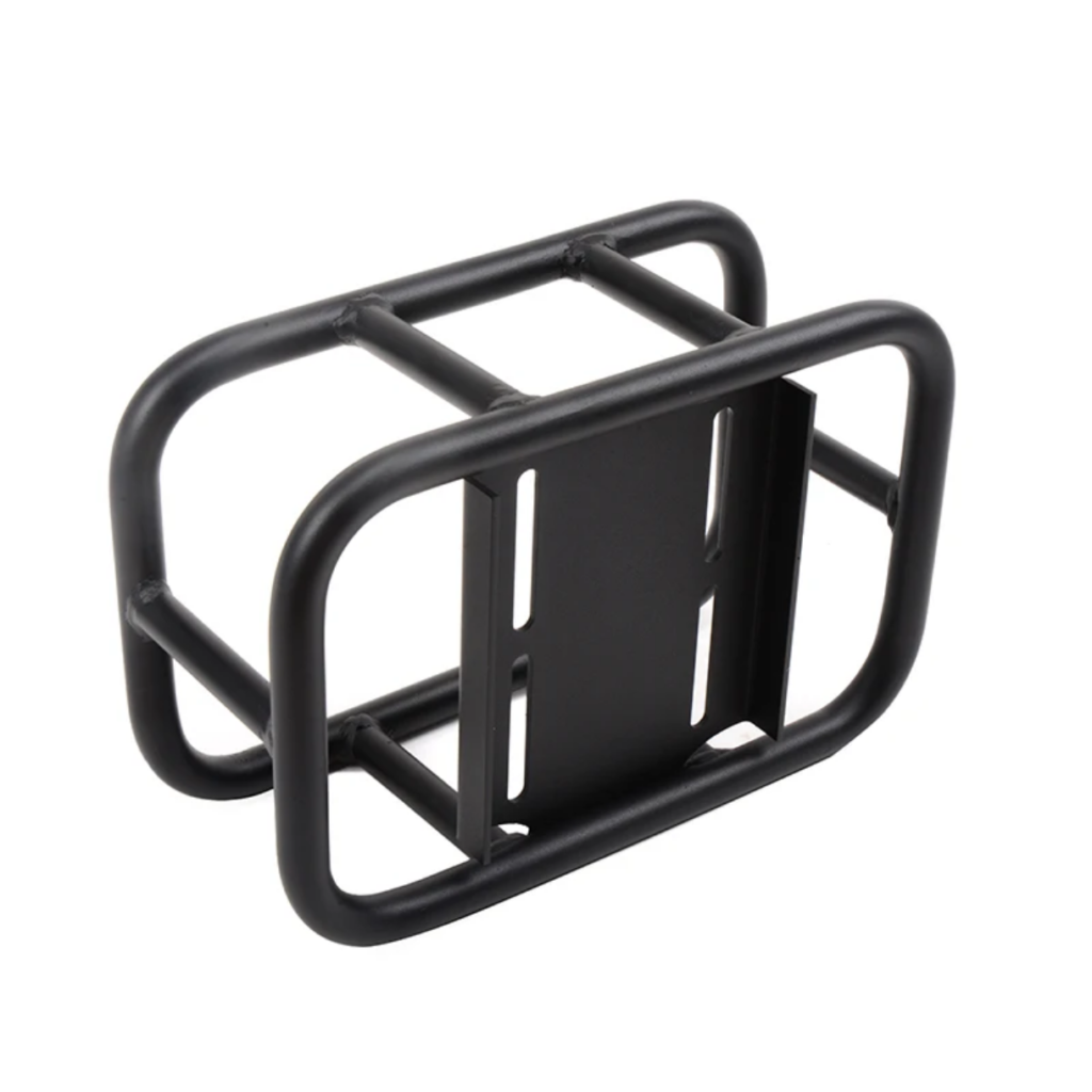 Aluminum welded motorcycle rear luggage rack with heavy load capacity, TIG welded frame structure, and black powder coated corrosion resistant finish for touring and adventure motorcycles