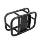 Aluminum welded motorcycle rear luggage rack with heavy load capacity, TIG welded frame structure, and black powder coated corrosion resistant finish for touring and adventure motorcycles