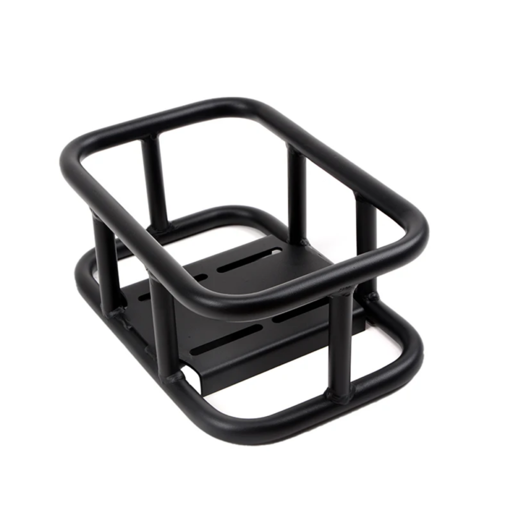 Aluminum welded motorcycle rear luggage rack with heavy load capacity, TIG welded frame structure, and black powder coated corrosion resistant finish for touring and adventure motorcycles