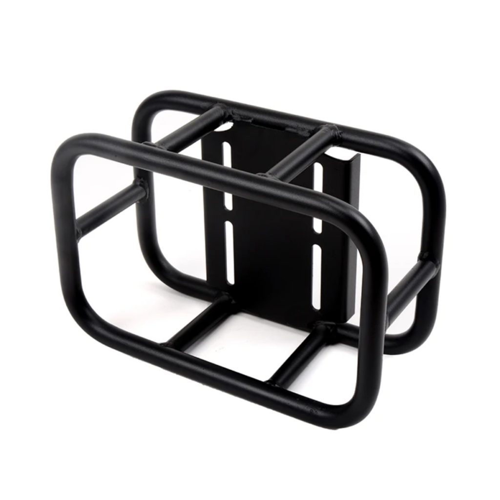 Aluminum welded motorcycle rear luggage rack with heavy load capacity, TIG welded frame structure, and black powder coated corrosion resistant finish for touring and adventure motorcycles