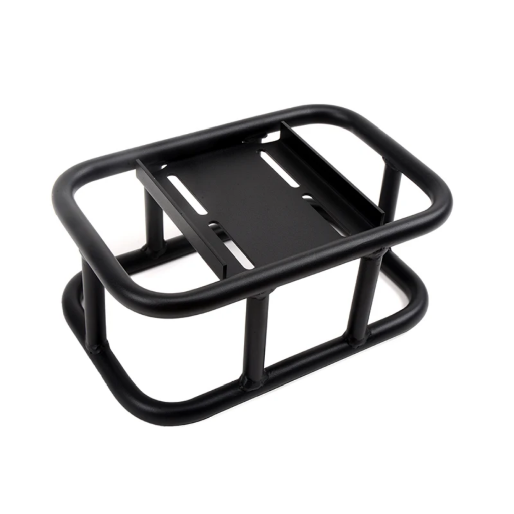 Aluminum welded motorcycle rear luggage rack with heavy load capacity, TIG welded frame structure, and black powder coated corrosion resistant finish for touring and adventure motorcycles