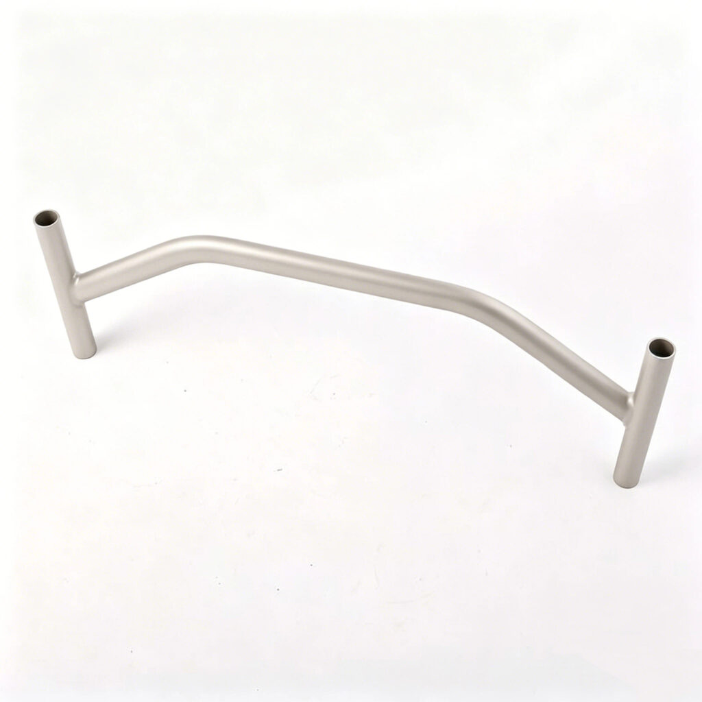Custom TIG welded aluminum grab bar with sandblasted powder coating used for medical shower chair and rehabilitation mobility equipment