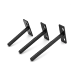 Invisible floating shelf brackets manufactured from TIG welded aluminum with black scratch-resistant anodized coating for modern wall-mounted shelving applications.