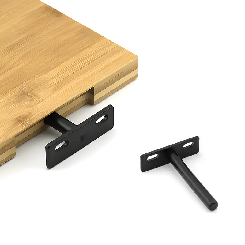 Invisible floating shelf brackets manufactured from TIG welded aluminum with black scratch-resistant anodized coating for modern wall-mounted shelving applications.