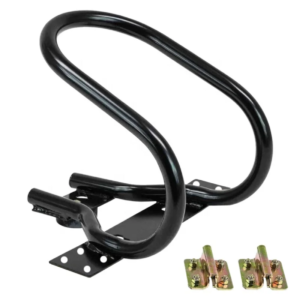 Heavy-duty OEM motorcycle wheel chock stand with TIG welded aluminum frame and black anti-scratch coating for secure motorcycle transport, storage, and maintenance use