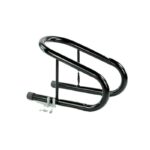 Heavy-duty OEM motorcycle wheel chock stand with TIG welded aluminum frame and black anti-scratch coating for secure motorcycle transport, storage, and maintenance use