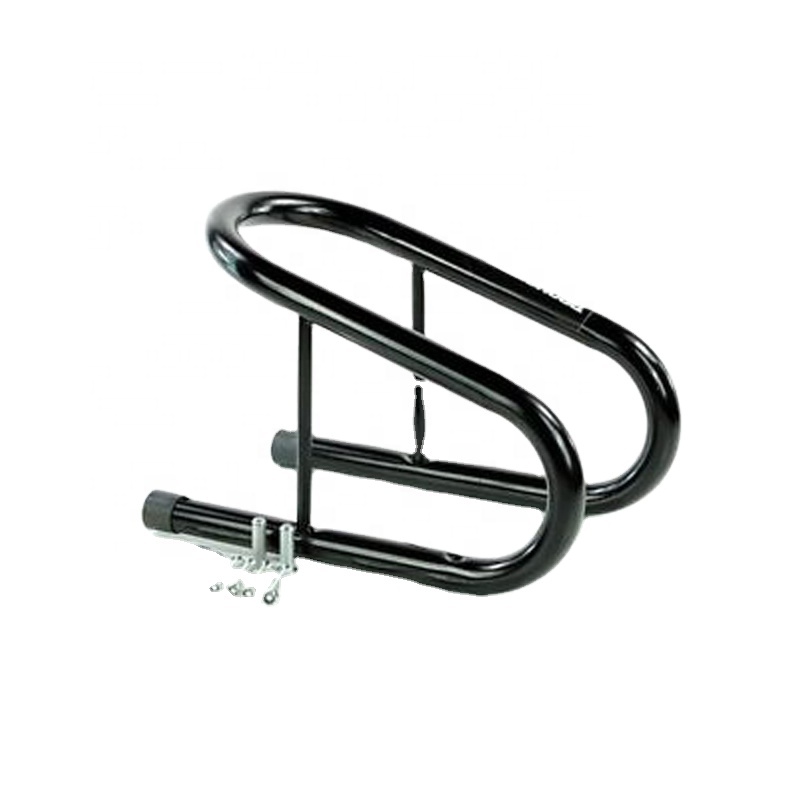 Heavy-duty OEM motorcycle wheel chock stand with TIG welded aluminum frame and black anti-scratch coating for secure motorcycle transport, storage, and maintenance use