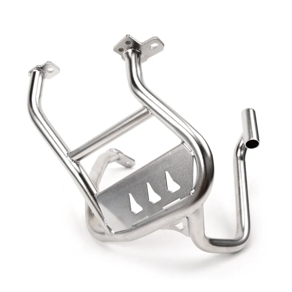 Motorcycle crash bar for engine protection and impact resistance structural frame