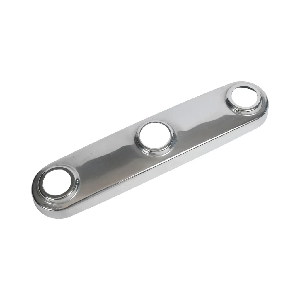 Stainless steel 3 hole faucet deck plate installed on modern kitchen sink system