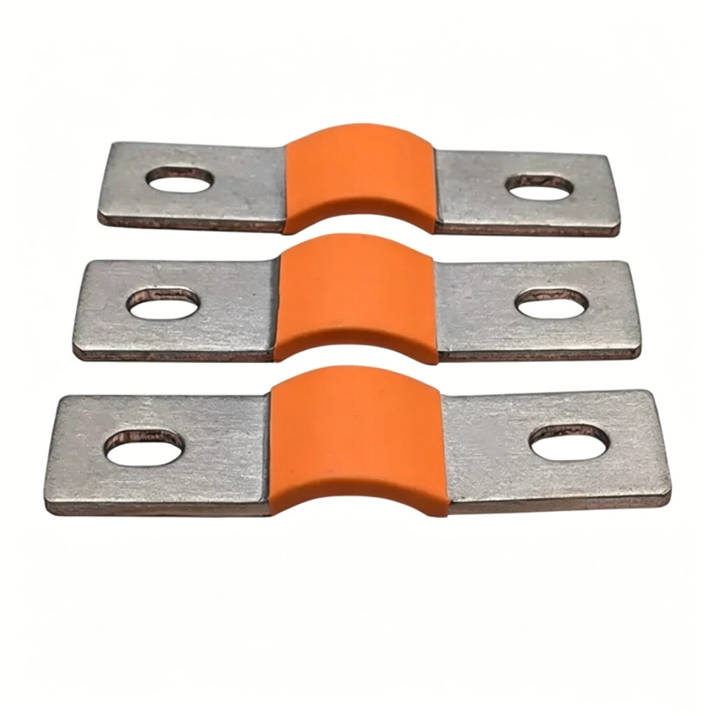 Battery Busbar made from 0.125 inch thick tinned copper with 200 amp continuous current rating