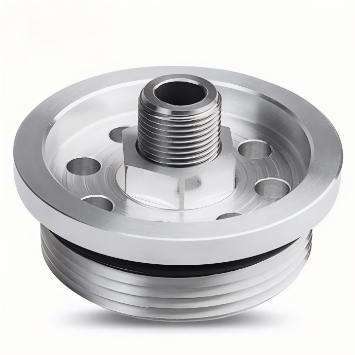 Oil Filter Adapter CNC Custom Made 0.05mm Tolerance Precision Fit 4 CNC-gefraster Ölfilteradapter mit genauen Abmessungen und kundenspezifischer Automobilpassung