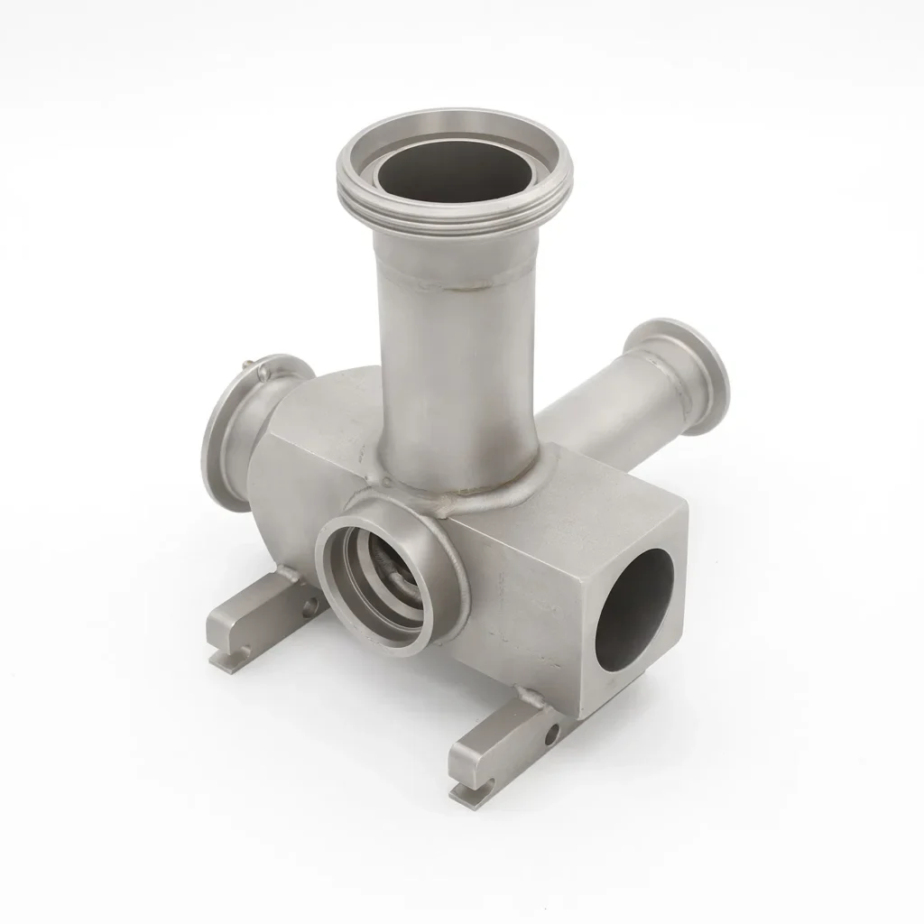 Custom valve-housing featuring TIG welding, corrosion resistant SS304 material and smooth sand blasted finish