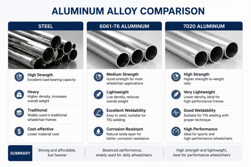 Wheelchair Rigid Frame Guide: Materials, TIG Welding, Manufacturing Process & OEM Supplier Selection 1 6061 and 7020 aluminum comparison for wheelchair rigid frame manufacturing
