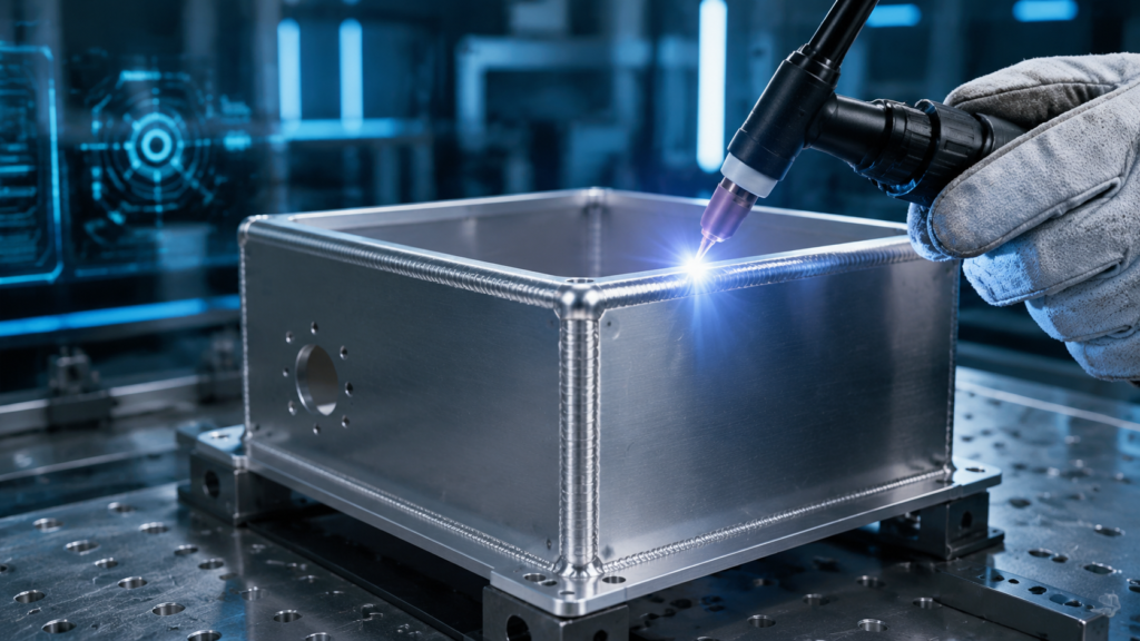 Custom Aluminum Boxes with TIG welded seams and precision fabrication for industrial enclosures